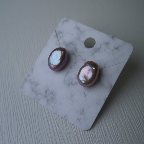 Lovely Mauve Oval Shape Natural Freshwater Pearl Studs - Sterling Silver - Picture 3 of 5